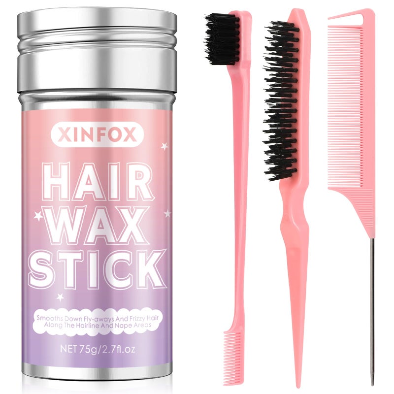Hair Wax Stick Slick Back Hair Brush Wax Stick for Flyaways Rat Tail Comb Edge Brush Styling Tool Set Accessories for Women GirlsPink